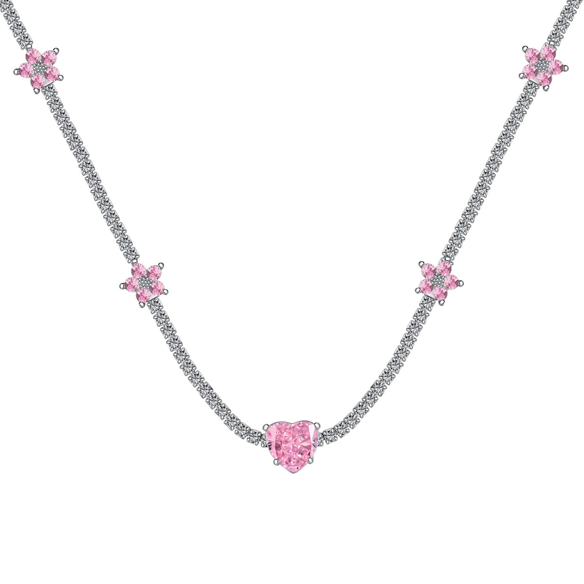 [Regal Gem Jewelry]Dazzling Pink Heart Flower Necklace