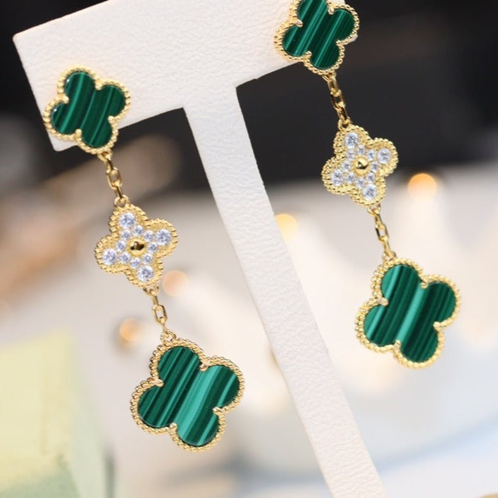 [Regal Gem]CLOVER EARRINGS GOLD MALACHITE DIAMOND 3 MOTIF
