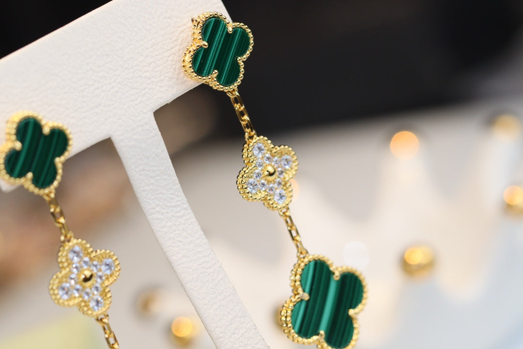 [Regal Gem]CLOVER EARRINGS GOLD MALACHITE DIAMOND 3 MOTIF