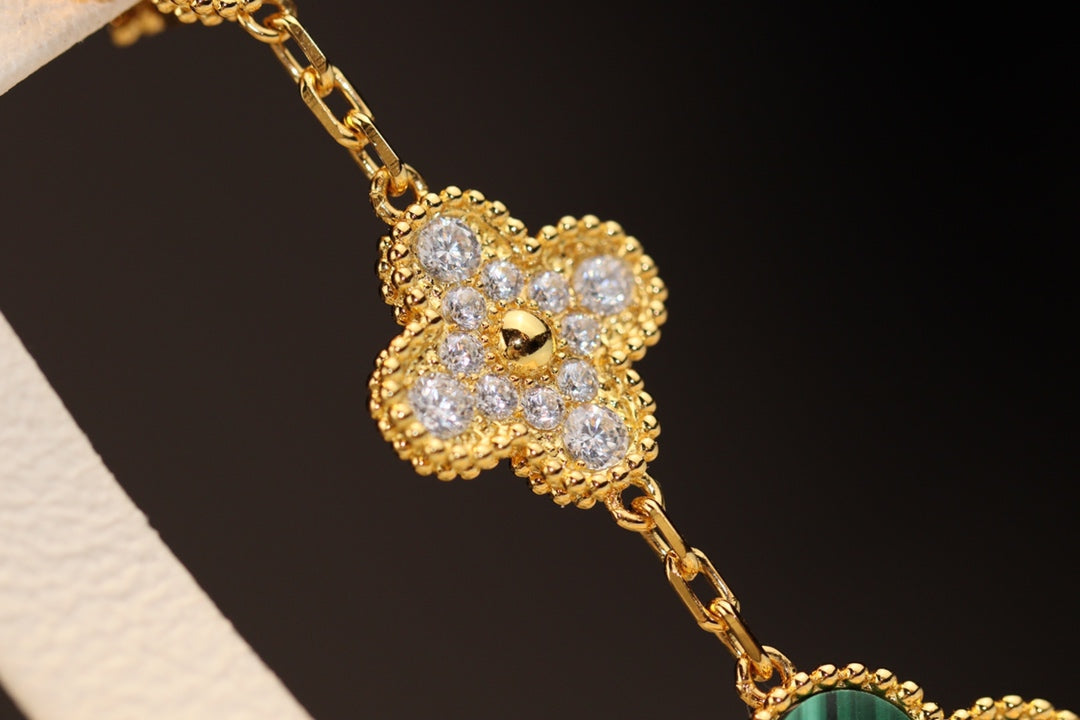 [Regal Gem]CLOVER EARRINGS GOLD MALACHITE DIAMOND 3 MOTIF