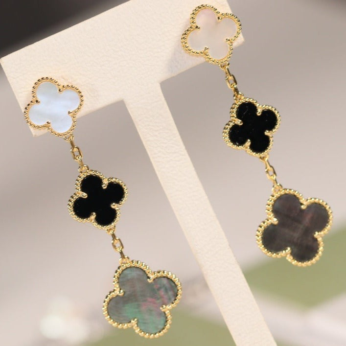 [Regal Gem]CLOVER EARRINGS GOLD ONYX MOP 3 MOTIF