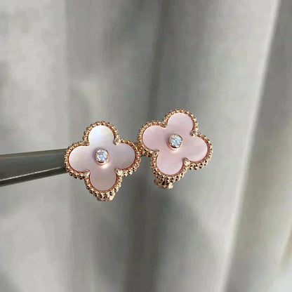 [Regal Gem]CLOVER MEDIUM 1 MOTIFS  PINK MOP DIAMOND EARRINGS