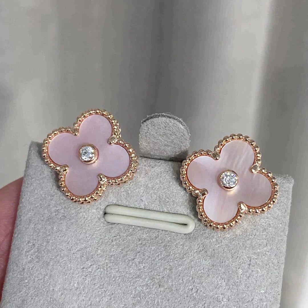 [Regal Gem]CLOVER MEDIUM 1 MOTIFS  PINK MOP DIAMOND EARRINGS
