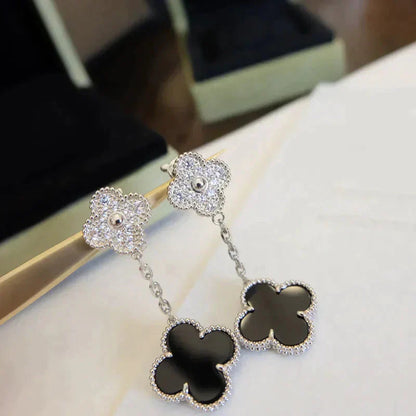 [Regal Gem]CLOVER 2 MOTIFS  DIAMOND ONYX EARRINGS SILVER