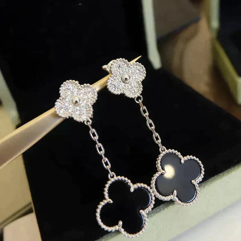 [Regal Gem]CLOVER 2 MOTIFS  DIAMOND ONYX EARRINGS SILVER