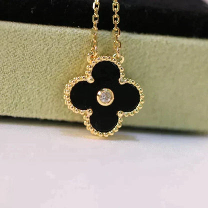 [Regal Gem]CLOVER 15MM DIAMOND ONYX NECKLACE