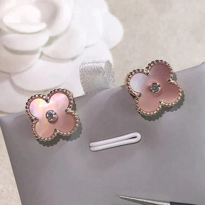 [Regal Gem]CLOVER MEDIUM 1 MOTIFS  PINK MOP DIAMOND EARRINGS