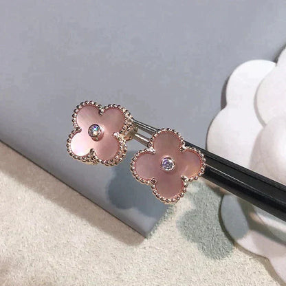 [Regal Gem]CLOVER MEDIUM 1 MOTIFS  PINK MOP DIAMOND EARRINGS