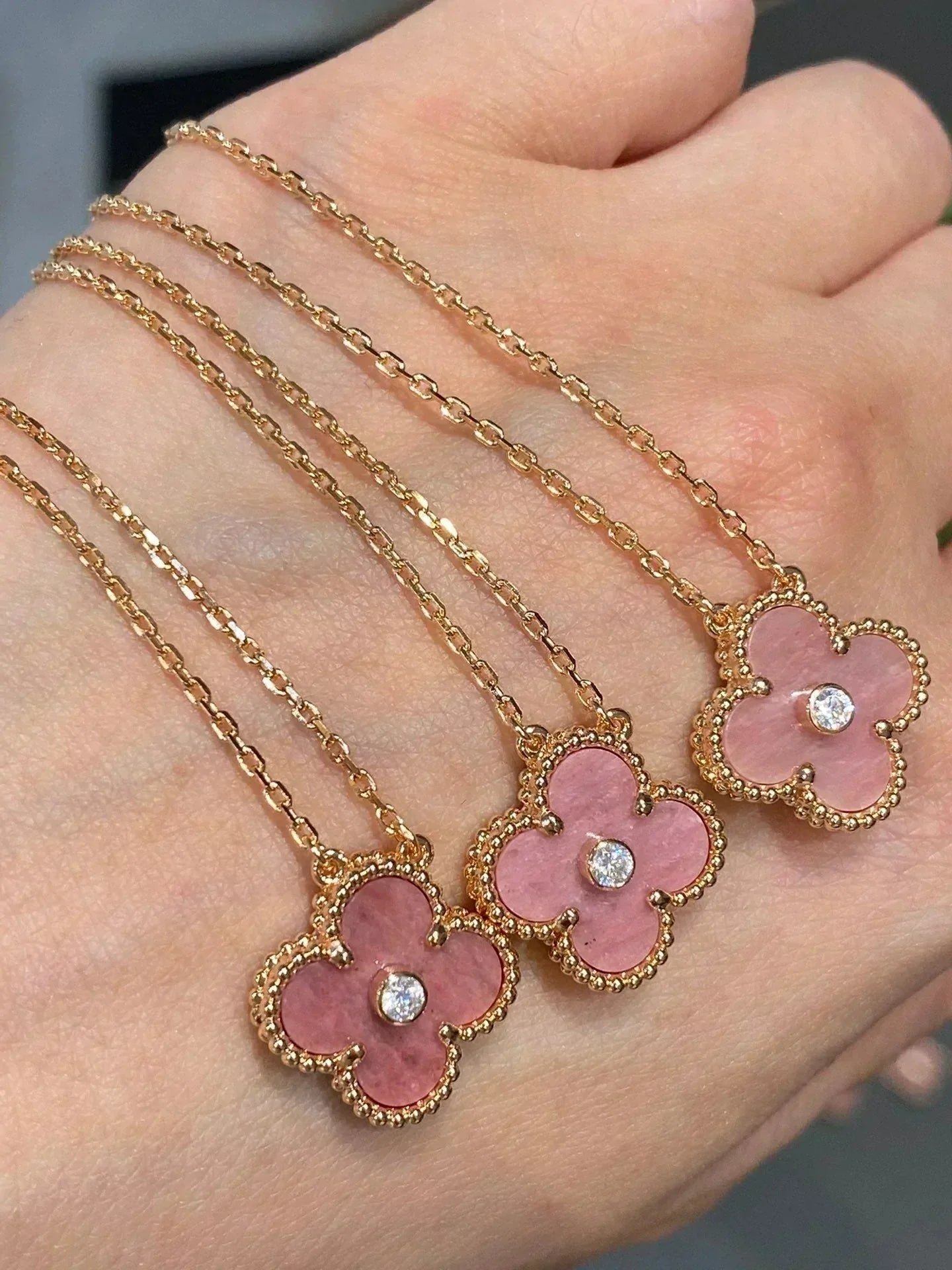 [Regal Gem]CLOVER 15MM DIAMOND RHODONITE NECKLACE