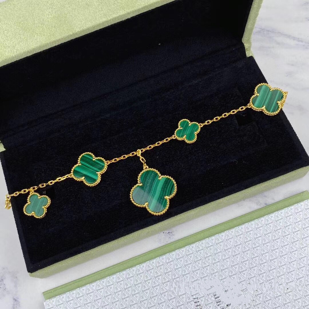 [Regal Gem]MAGIC CLOVER MALACHITE GOLD BRACELET 5 MOTIFS