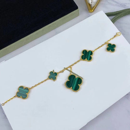 [Regal Gem]MAGIC CLOVER MALACHITE GOLD BRACELET 5 MOTIFS