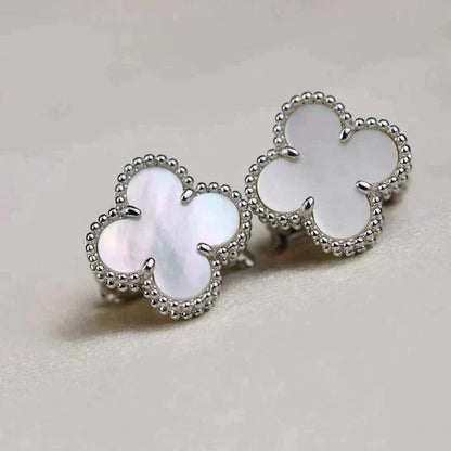 [Regal Gem]CLOVER MEDIUM 1 MOTIFS  WHITE MOP EARRINGS SILVER