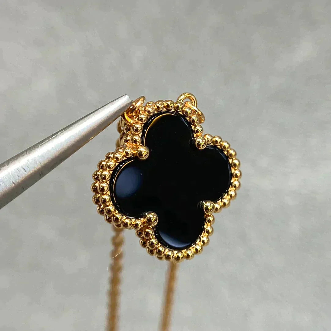 [Regal Gem]CLOVER 15MM BLACK ONYX SINGLE FLOWER NECKLACE
