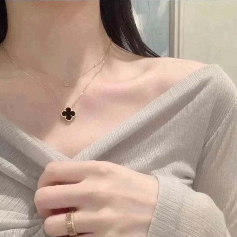 [Regal Gem]CLOVER 15MM BLACK ONYX SINGLE FLOWER NECKLACE