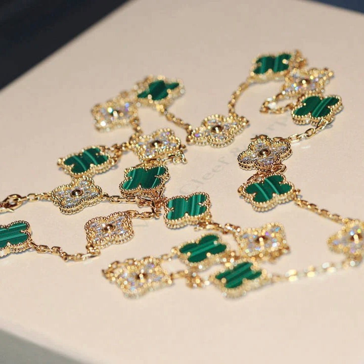 [Regal Gem]CLOVER 20 MOTIFS MALACHITE DIAMOND NECKLACE