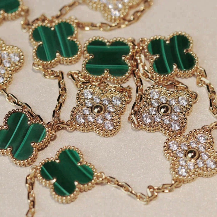 [Regal Gem]CLOVER 20 MOTIFS MALACHITE DIAMOND NECKLACE