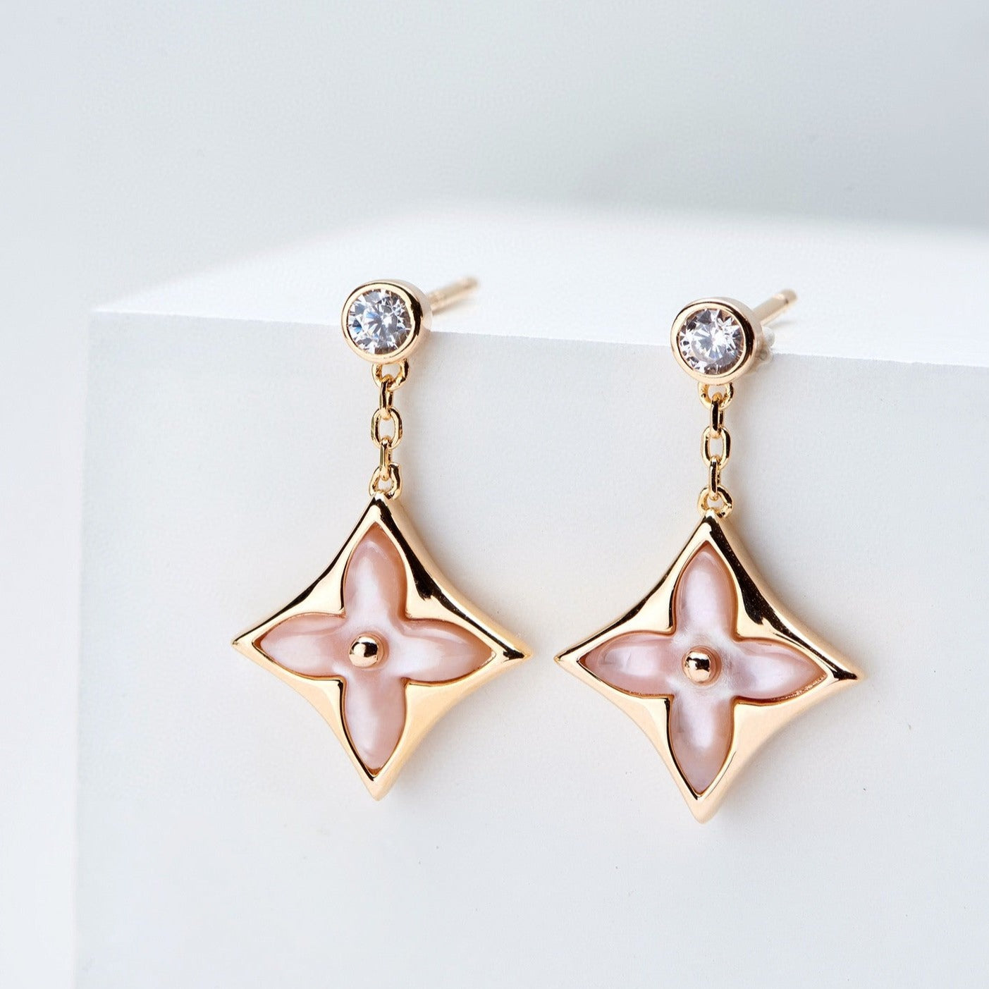 [Regal Gem]DOUBLE STAR PINK GOLD MOP DROP EARRINGS