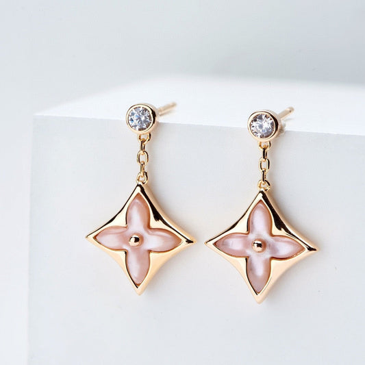 [Regal Gem]DOUBLE STAR PINK GOLD MOP DROP EARRINGS