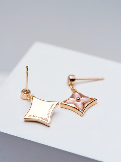 [Regal Gem]DOUBLE STAR PINK GOLD MOP DROP EARRINGS