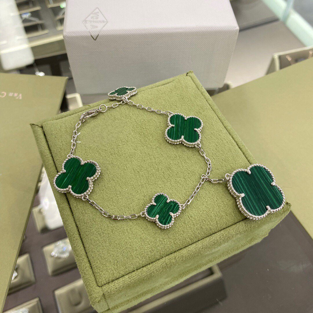 [Regal Gem]CLOVER 5 MOTIFS SIVLER MALACHITE BRACELET