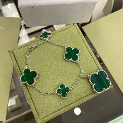 [Regal Gem]CLOVER 5 MOTIFS SIVLER MALACHITE BRACELET
