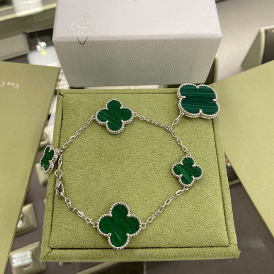 [Regal Gem]CLOVER 5 MOTIFS SIVLER MALACHITE BRACELET