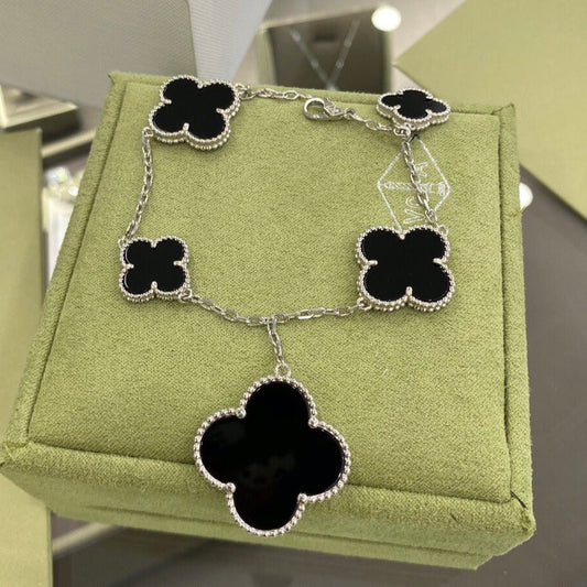 [Regal Gem]CLOVER 5 MOTIFS SIVLER ONYX BRACELET