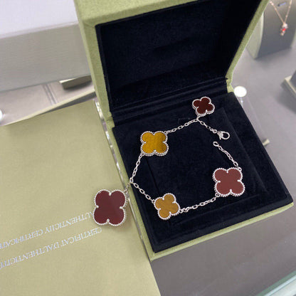 [Regal Gem]CLOVER 5 MOTIFS SIVLER CARNELIAN TIGER EYE BRACELET