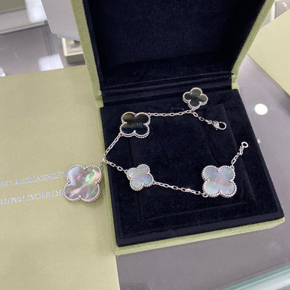[Regal Gem]CLOVER 5 MOTIFS SIVLER DARK MOP BRACELET
