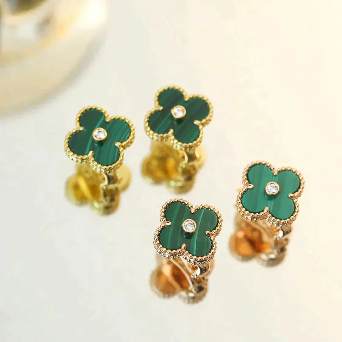 [Regal Gem]CLOVER MEDIUM 1 MOTIFS MALACHITE DIAMOND EARRINGS