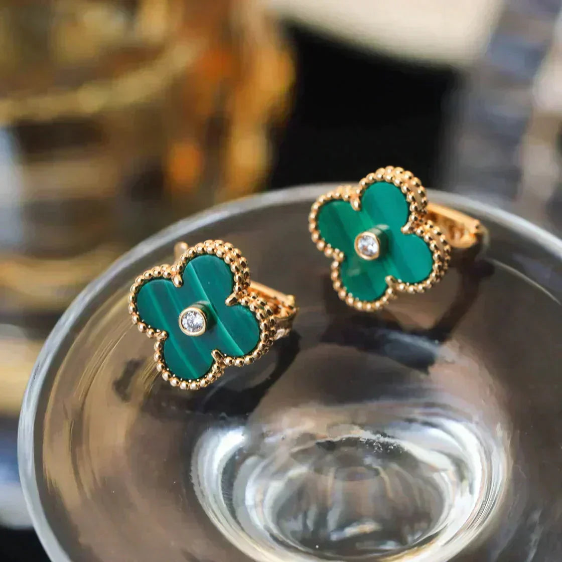 [Regal Gem]CLOVER MEDIUM 1 MOTIFS MALACHITE DIAMOND EARRINGS