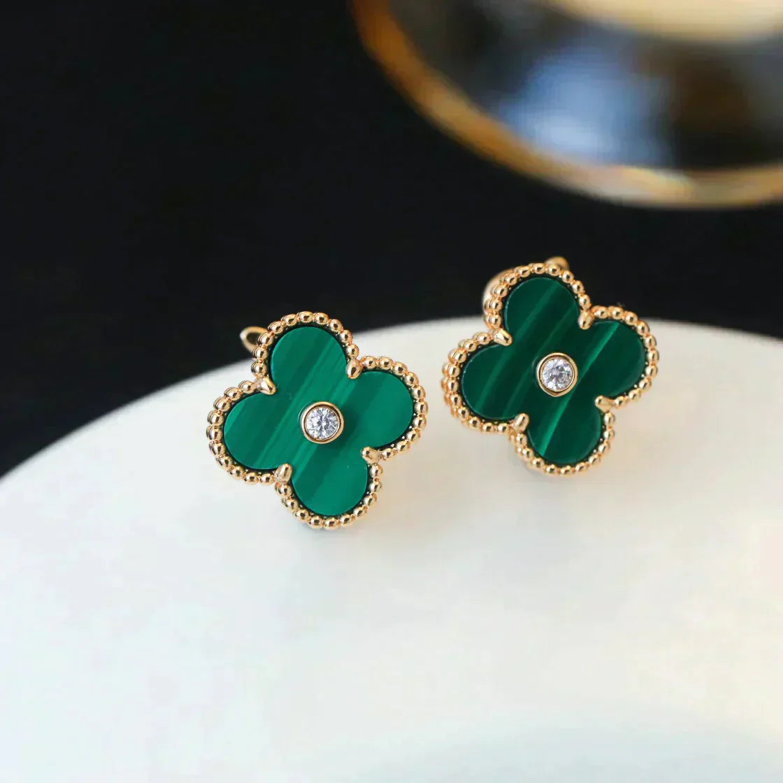 [Regal Gem]CLOVER MEDIUM 1 MOTIFS MALACHITE DIAMOND EARRINGS