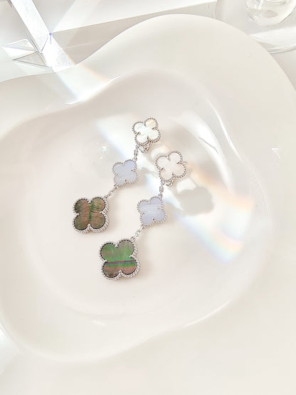 [Regal Gem]CLOVER 3 MOTIFS CHALCEDONY DARK MOP SILVER EARRINGS