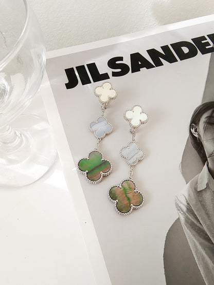 [Regal Gem]CLOVER 3 MOTIFS CHALCEDONY DARK MOP SILVER EARRINGS