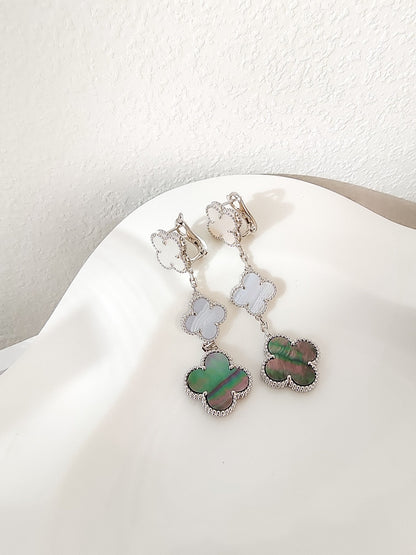 [Regal Gem]CLOVER 3 MOTIFS CHALCEDONY DARK MOP SILVER EARRINGS
