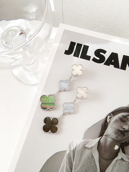 [Regal Gem]CLOVER 3 MOTIFS CHALCEDONY DARK MOP SILVER EARRINGS