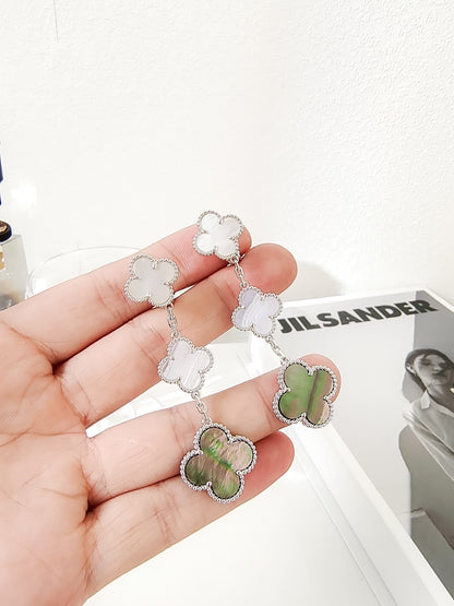 [Regal Gem]CLOVER 3 MOTIFS CHALCEDONY DARK MOP SILVER EARRINGS