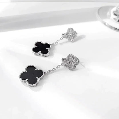 [Regal Gem]CLOVER 2 MOTIFS  DIAMOND ONYX EARRINGS SILVER