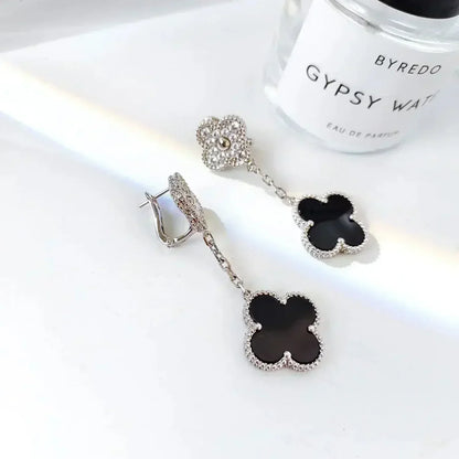 [Regal Gem]CLOVER 2 MOTIFS  DIAMOND ONYX EARRINGS SILVER