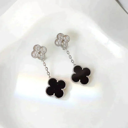 [Regal Gem]CLOVER 2 MOTIFS  DIAMOND ONYX EARRINGS SILVER