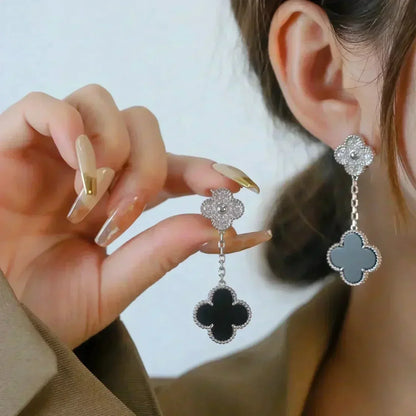[Regal Gem]CLOVER 2 MOTIFS  DIAMOND ONYX EARRINGS SILVER