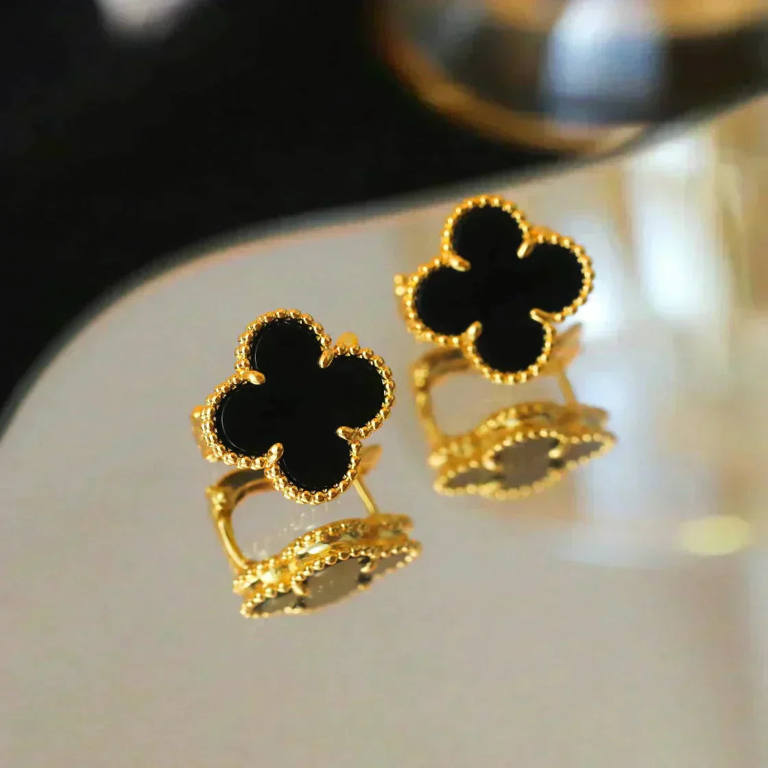 [Regal Gem]CLOVER MEDIUM 1 MOTIFS  ONYX STUD EARRINGS