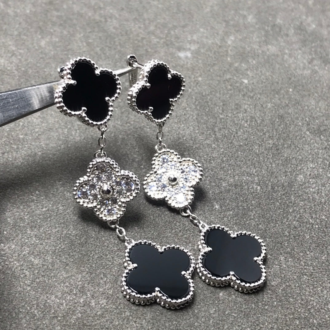 [Regal Gem]CLOVER 3 MOTIF DIAMOND ONYX SILVER EARRINGS