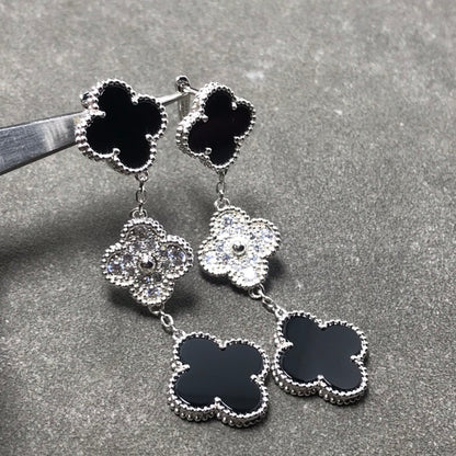 [Regal Gem]CLOVER 3 MOTIF DIAMOND ONYX SILVER EARRINGS