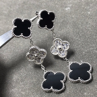[Regal Gem]CLOVER 3 MOTIF DIAMOND ONYX SILVER EARRINGS