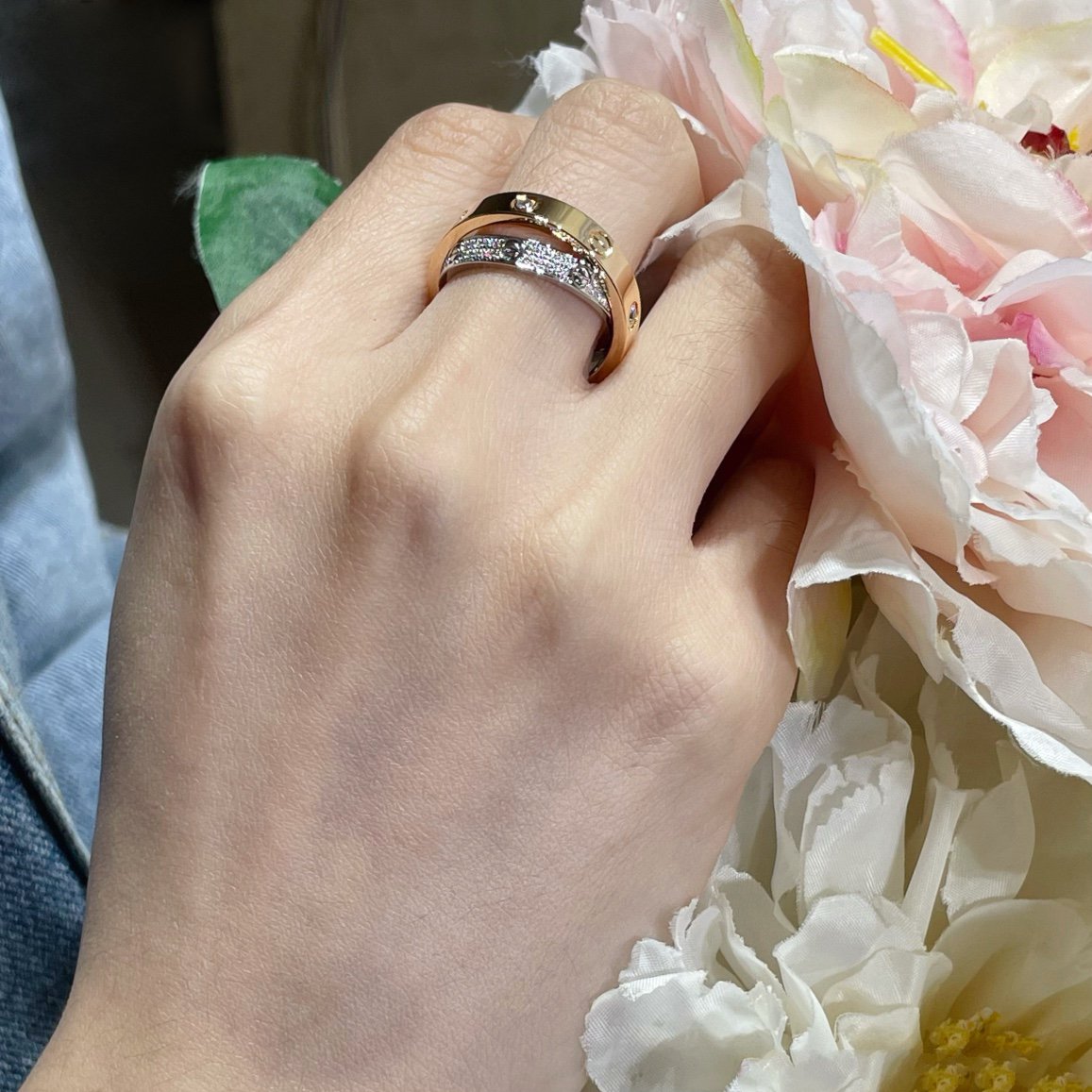 [Regal Gem]LOVE PINK GOLD SILVER DIAMOND DOUBLE RING