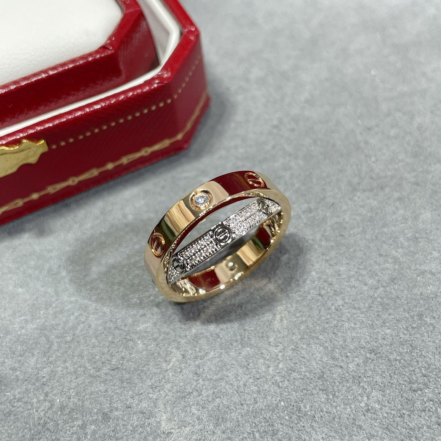 [Regal Gem]LOVE PINK GOLD SILVER DIAMOND DOUBLE RING