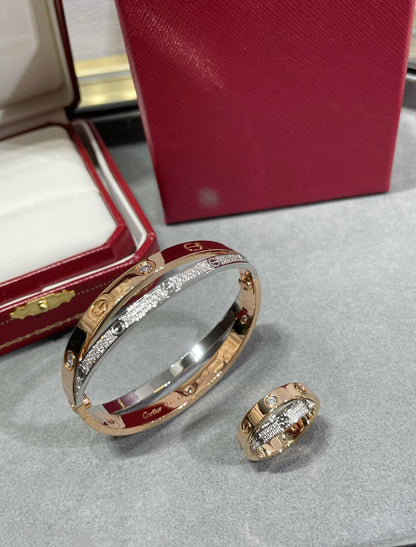 [Regal Gem]LOVE PINK GOLD SILVER DIAMOND DOUBLE RING