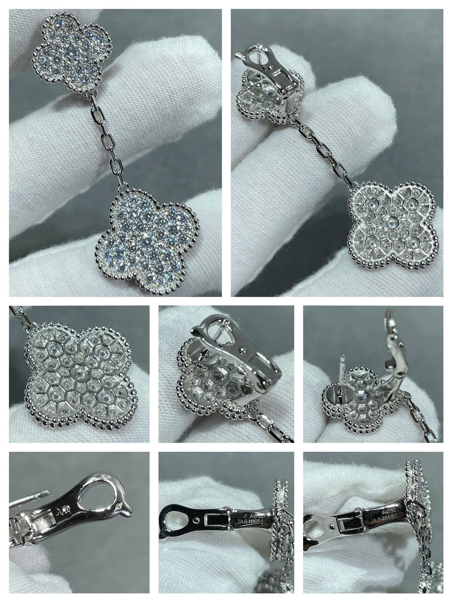[Regal Gem]CLOVER 2 MOTIFS DIAMOND PAVED SILVER EARRINGS