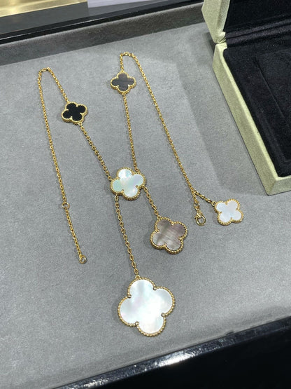 [Regal Gem]CLOVER 6 MOTIF MOP ONYX GOLD NECKLACE